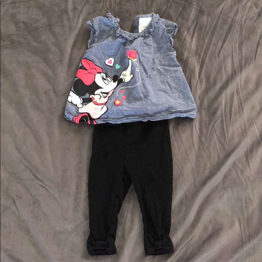 Minnie Mouse denim top and black leggings